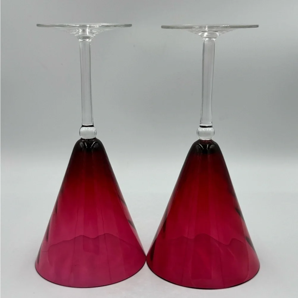 Garda Rose Theresienthal 1960s Cranberry Optic Swirl Wine/Water Glasses set of 2
